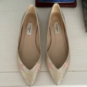 LK Bennett Pink and Gold Pointed Flats with Metallic Embroidery